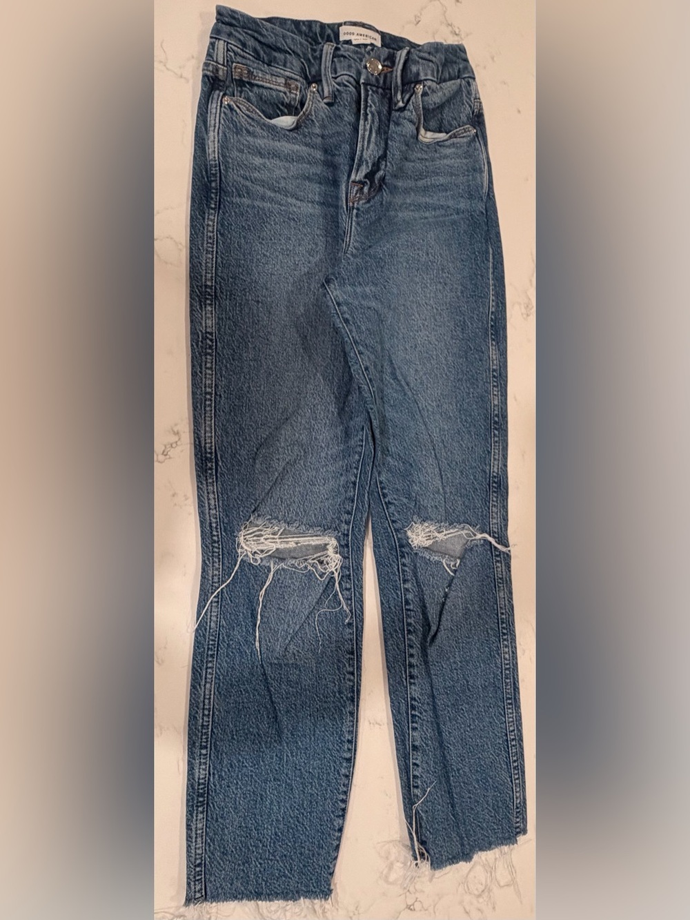Good American Distressed Blue Straight Jeans